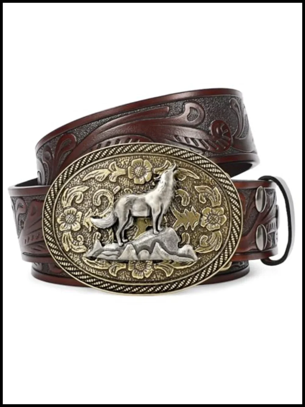 Genuine Leather Cowboy Belt with Detachable Wolf Buckle, Western Belt for Men